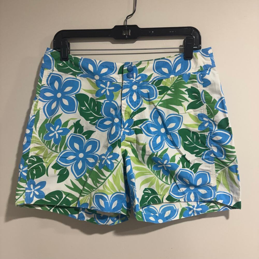 LL Bean Womens Green White Blue Hibiscus Floral Board Swim Shorts Size 8 - Picture 1 of 10